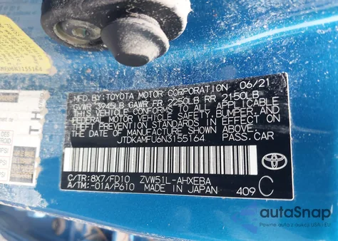 2022 Toyota Prius Le z USA, uszkodzony, nr VIN JTDKAMFU6N3155164